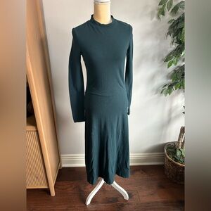 NEW Vince Rubbed Cotton Long Sleeve Dark Green Midi Dress Sz S